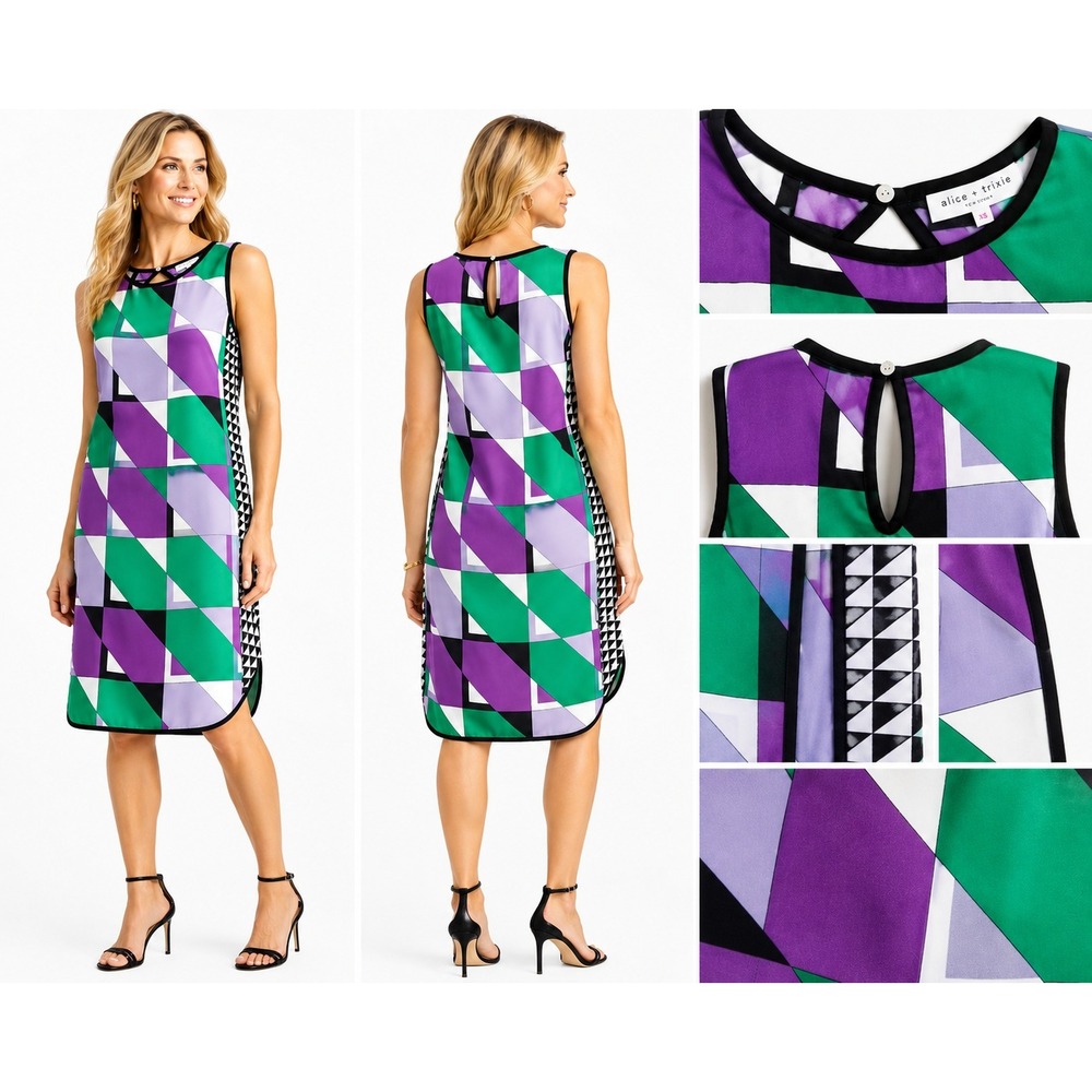 Alice + Trixie Shift Dress WomensXS Purple Silk Geometric Mod Keyhole Retro Chic